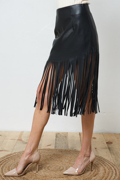 Edalyn Faux Leather Fringe Knee Length Skirt
