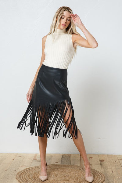 Edalyn Faux Leather Fringe Knee Length Skirt