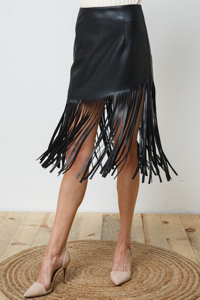 Edalyn Faux Leather Fringe Knee Length Skirt