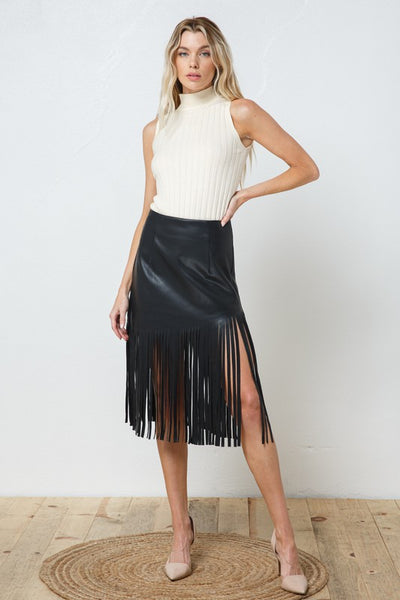 Edalyn Faux Leather Fringe Knee Length Skirt