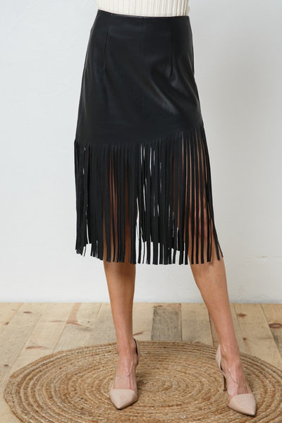 Edalyn Faux Leather Fringe Knee Length Skirt