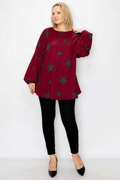 10887 Top Mila con estampado de estrellas y mangas de burbujas - ¡Extendido Plus!