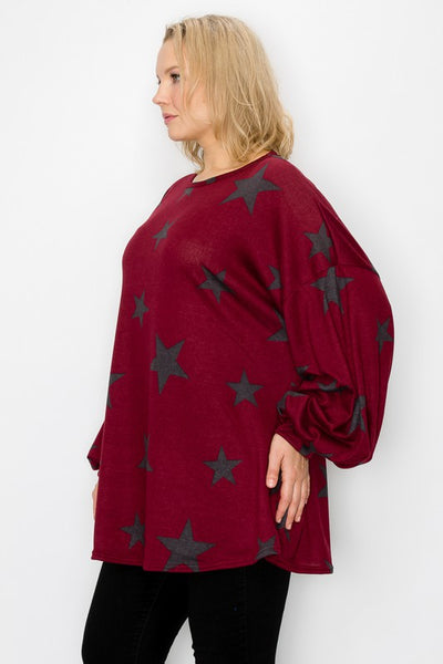 10887 Top Mila con estampado de estrellas y mangas de burbujas - ¡Extendido Plus!