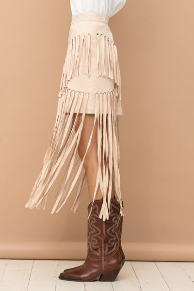 Colette Faux Suede Eyelet Long Fringe Mini Skirt