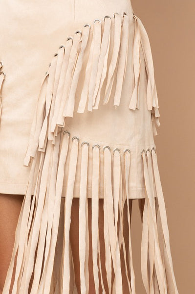 Colette Faux Suede Eyelet Long Fringe Mini Skirt