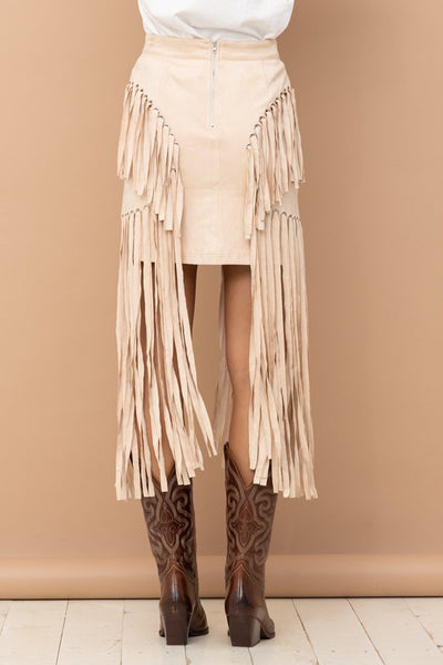 Colette Faux Suede Eyelet Long Fringe Mini Skirt