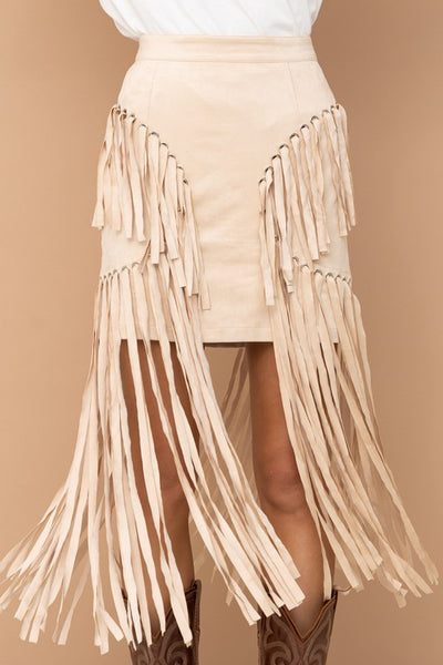 Colette Faux Suede Eyelet Long Fringe Mini Skirt