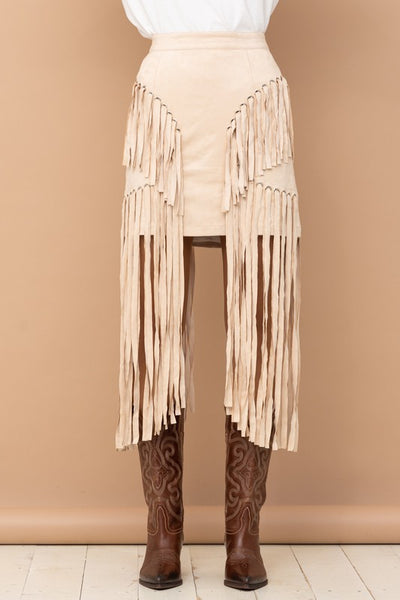 Colette Faux Suede Eyelet Long Fringe Mini Skirt