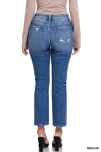 Kayden Distressed Raw Hem Straight Cropped Capri Jeans by Zenana