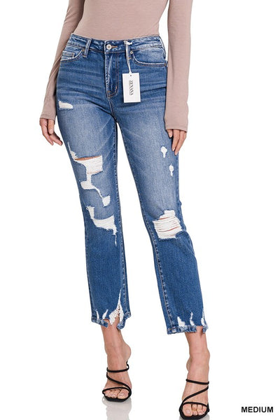 Kayden Distressed Raw Hem Straight Cropped Capri Jeans by Zenana