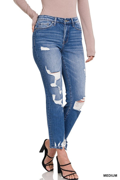 Kayden Distressed Raw Hem Straight Cropped Capri Jeans by Zenana