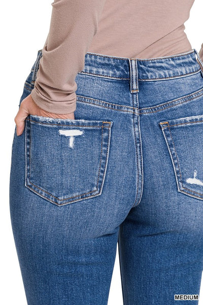 Kayden Distressed Raw Hem Straight Cropped Capri Jeans by Zenana