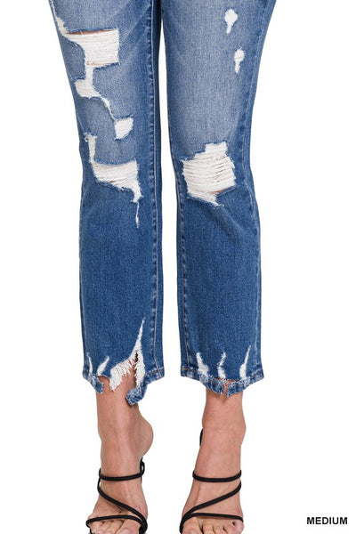Kayden Distressed Raw Hem Straight Cropped Capri Jeans by Zenana