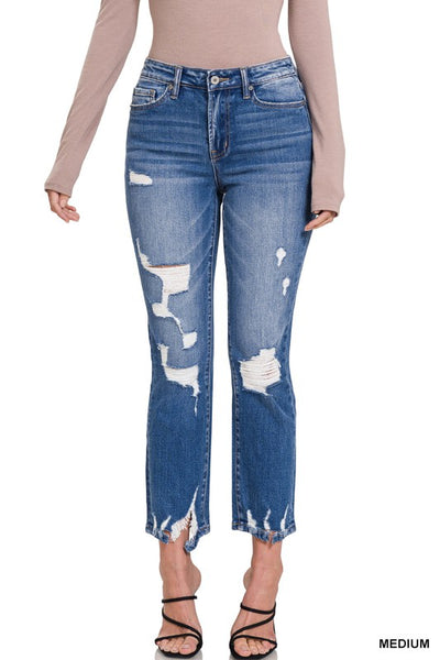 Kayden Distressed Raw Hem Straight Cropped Capri Jeans by Zenana