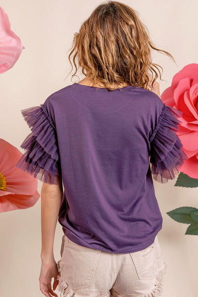 Top de punto con mangas con volantes y encaje de malla Heidi