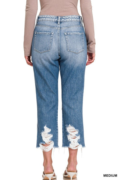 Elsie Hi-Rise Tattered Straight Leg Crop Jeans by Zenana Jeans