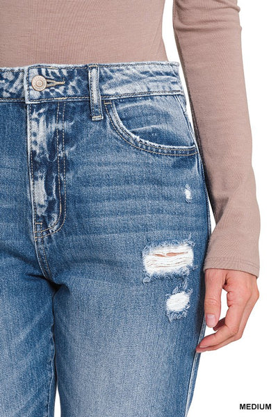 Elsie Hi-Rise Tattered Straight Leg Crop Jeans by Zenana Jeans