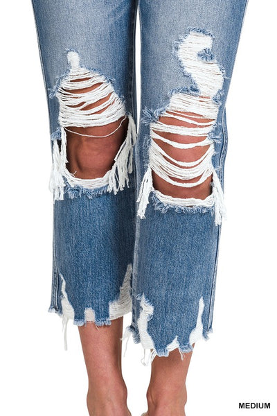 Elsie Hi-Rise Tattered Straight Leg Crop Jeans by Zenana Jeans