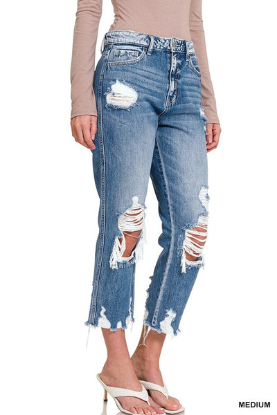 Elsie Hi-Rise Tattered Straight Leg Crop Jeans by Zenana Jeans
