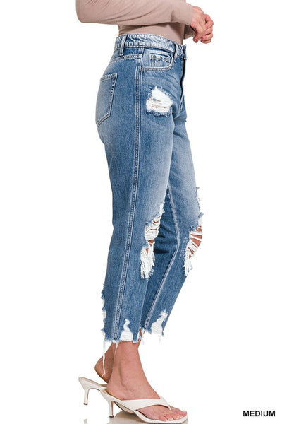 Elsie Hi-Rise Tattered Straight Leg Crop Jeans by Zenana Jeans