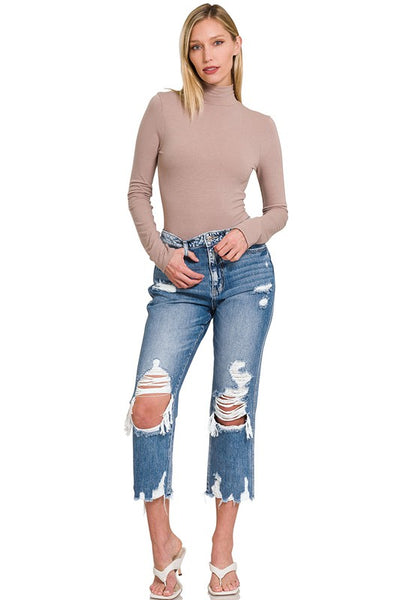 Elsie Hi-Rise Tattered Straight Leg Crop Jeans by Zenana Jeans