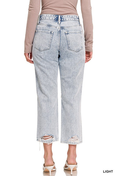 Molly No Stretch Distressed Straight Cropped Capri Jeans by Zenana