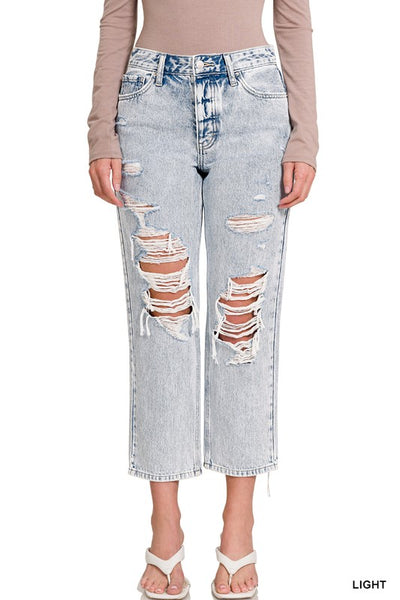 Molly No Stretch Distressed Straight Cropped Capri Jeans by Zenana