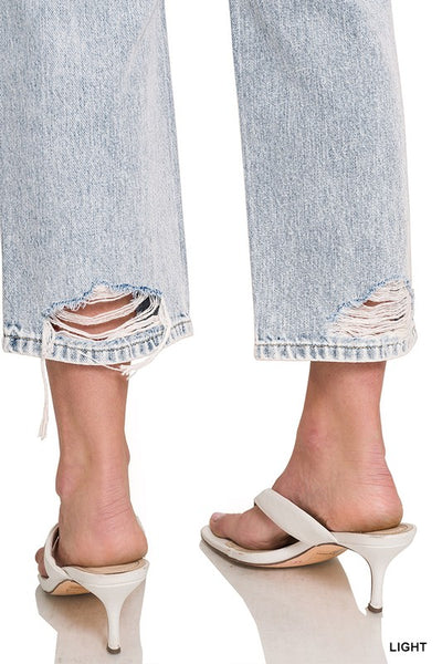 Molly No Stretch Distressed Straight Cropped Capri Jeans by Zenana