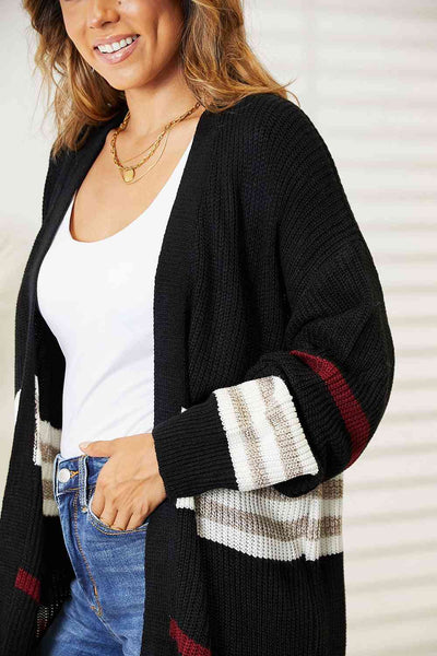 Reno Striped Rib-Knit Drop Shoulder Open Front Cardigan - ONLINE EXCLUSIVE!