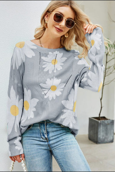 Daisy Print Openwork Round Neck Sweater - ONLINE EXCLUSIVE!