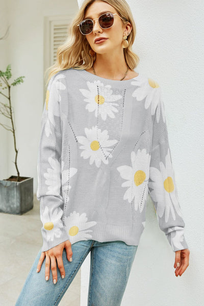Daisy Print Openwork Round Neck Sweater - ONLINE EXCLUSIVE!