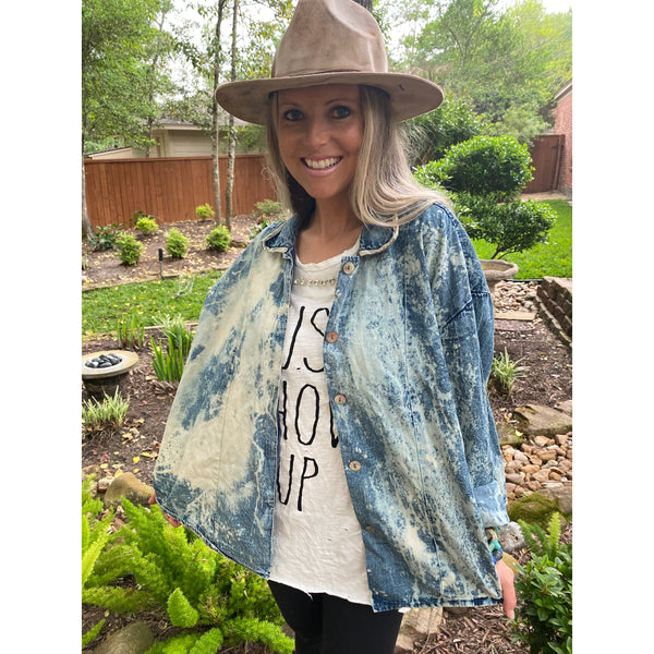 18554 Chelsea Vintage Distressed Denim Wash Pleated Jacket by A Rare Bird