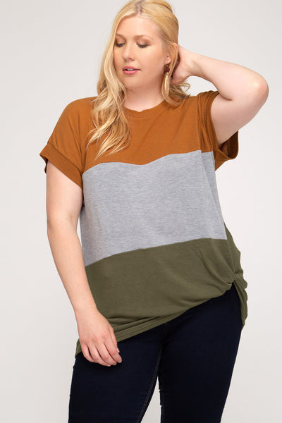 2232 Karen Dolman sleeve Color-Blocked Twist Top