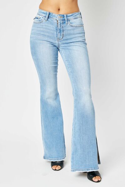 Taylor Mid Rise Raw Hem Slit Flare Judy Blue Jeans