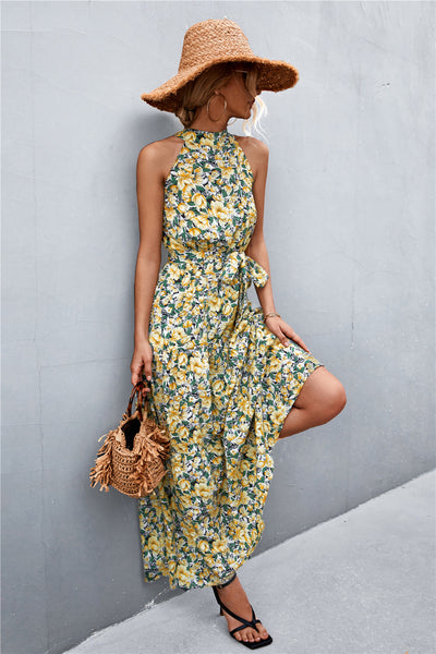 Printed Sleeveless Tie Waist Maxi Dress - ONLINE EXCLUSIVE!