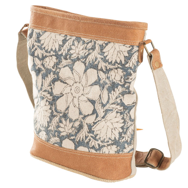 Blue Canvas w/ Flowers Crossbody Handbag