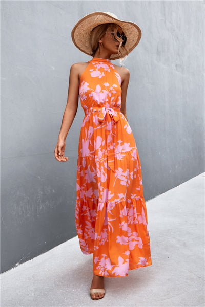 Printed Sleeveless Tie Waist Maxi Dress - ONLINE EXCLUSIVE!