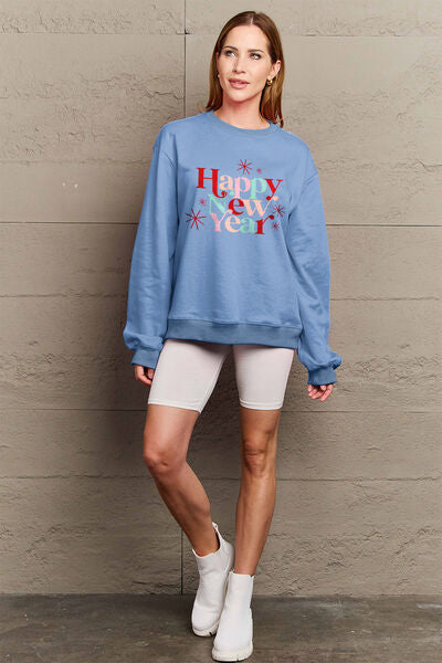 Simply Love Full Size HAPPY NEW YEAR Round Neck Sweatshirt - ONLINE EXCLUSIVE!