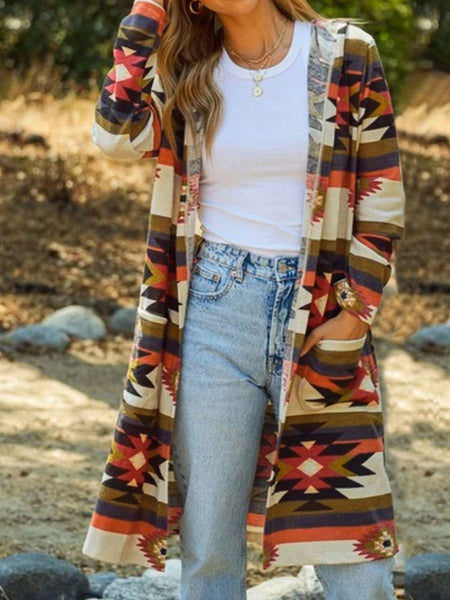 Cárdigan geométrico con capucha y bolsillos