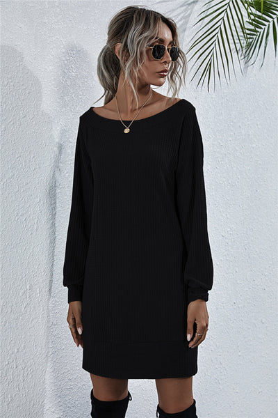 Waffle-Knit Boat Neck Mini Dress - ONLINE EXCLUSIVE!