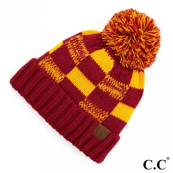 7303512 Fuzzy Lined Buffalo Check Pom Pom Beanie by C.C. Beanie