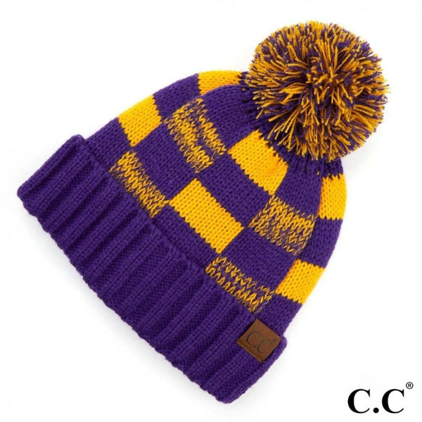 7303512 Fuzzy Lined Buffalo Check Pom Pom Beanie by C.C. Beanie