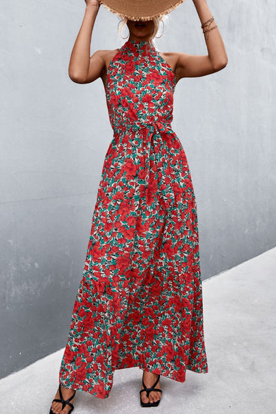 Printed Sleeveless Tie Waist Maxi Dress - ONLINE EXCLUSIVE!