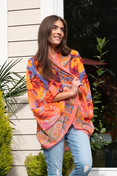 Coral Floral Cocoon Kimono w/ Border Print