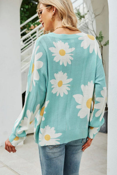 Daisy Print Openwork Round Neck Sweater - ONLINE EXCLUSIVE!
