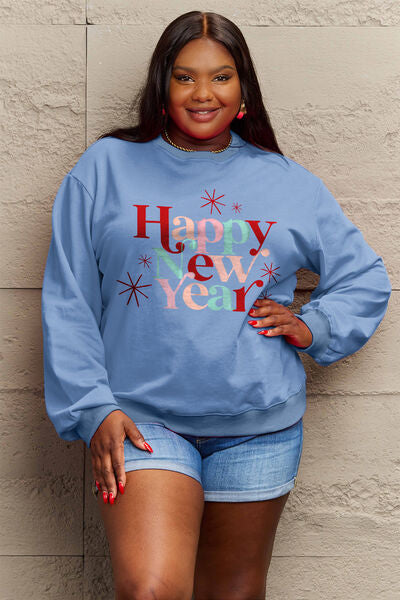 Simply Love Full Size HAPPY NEW YEAR Round Neck Sweatshirt - ONLINE EXCLUSIVE!