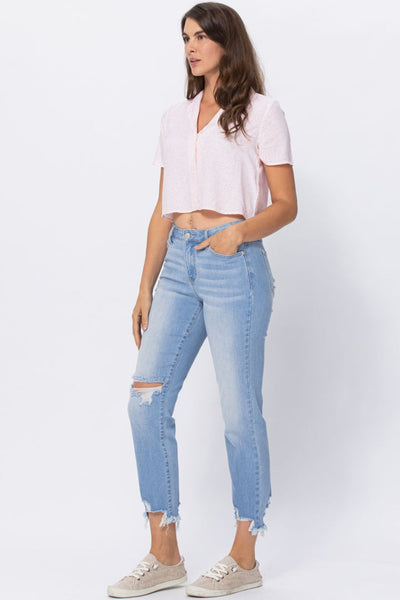 88389   Lili Mid-Rise Destroyed Hem Boyfriend Jeans by Judy Blue Jeans