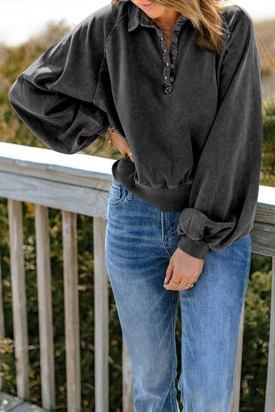 Deandra Quarter-Snap Collared Lantern Sleeve Sweatshirt