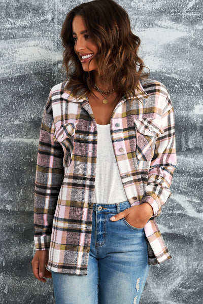 Plaid Button Front Shirt Jacket with Breast Pockets - ONLINE EXCLUSIVE!