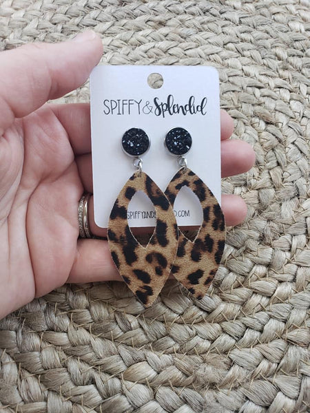 337 Paciencia Pendientes de cuero genuino y druzy